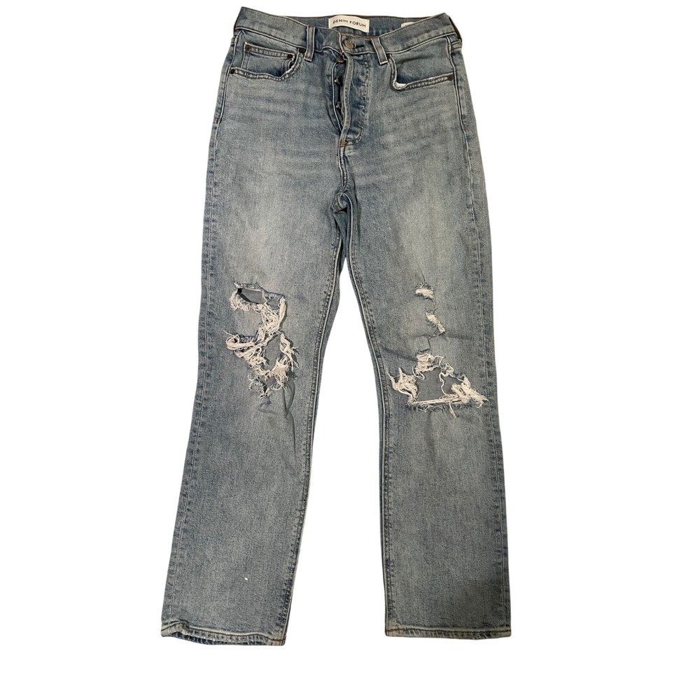 Denim Forum Arlo High Rise Straight Distressed Jeans Blue Light Wash 27 28L